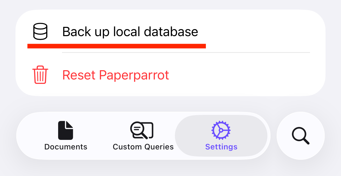 Screenshot of the backup option