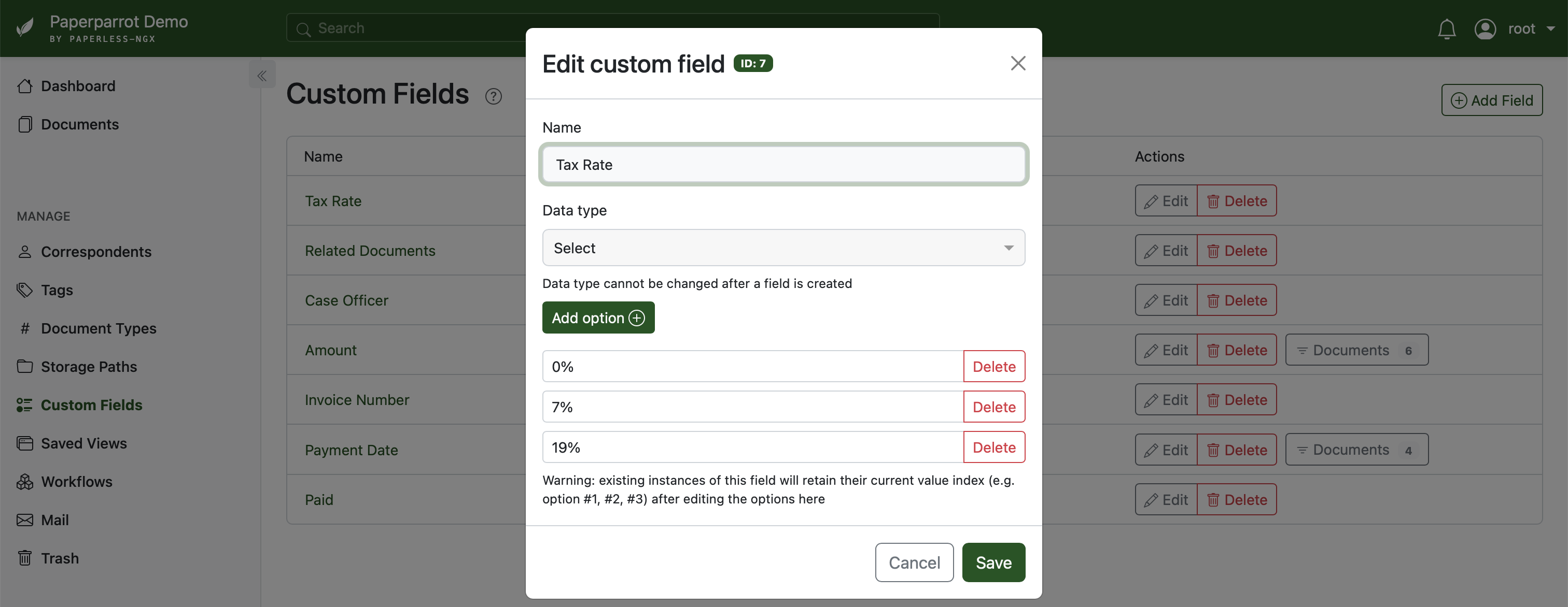 Screenshot of the custom field edit page