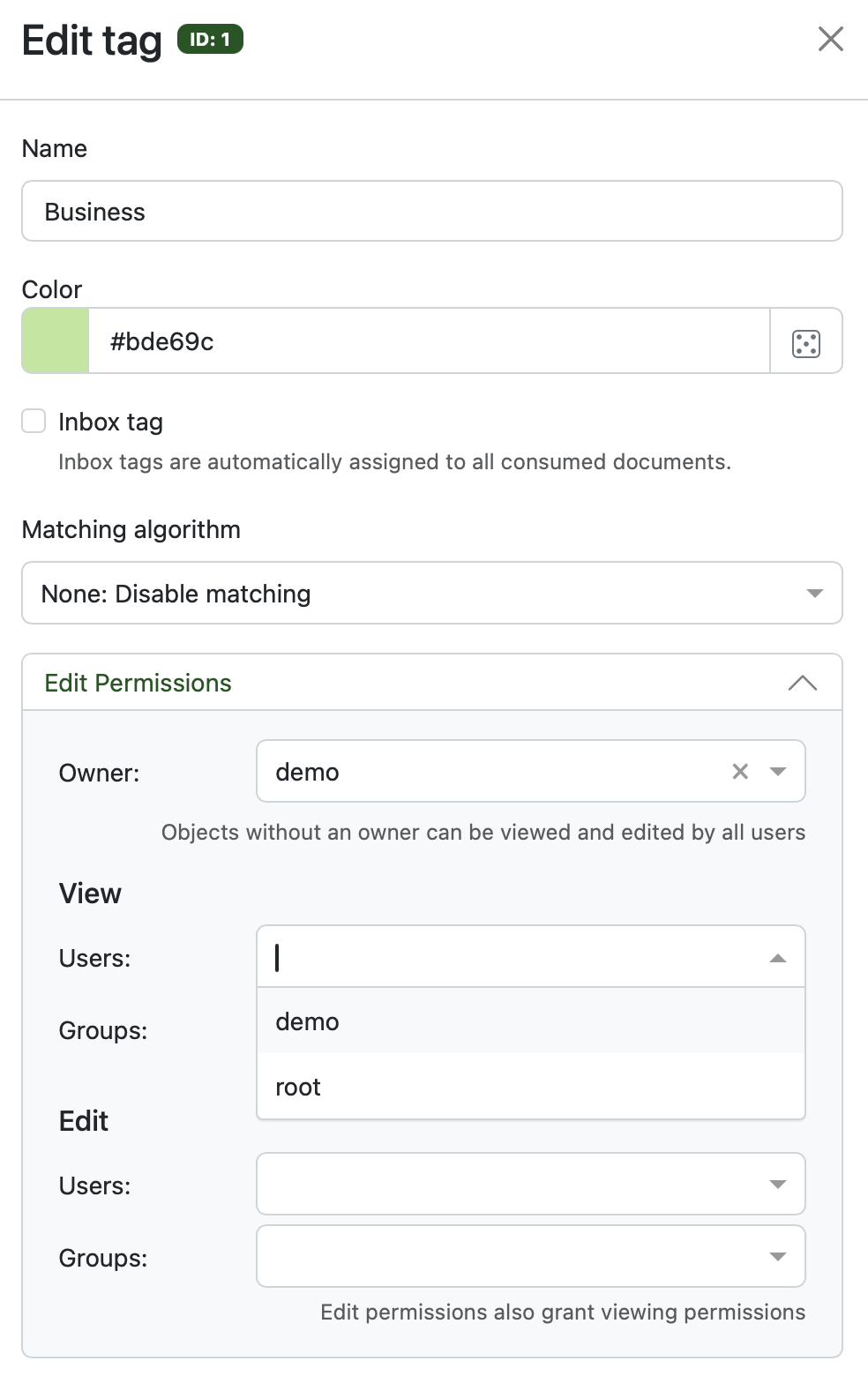 Screenshot of the attribute permission settings