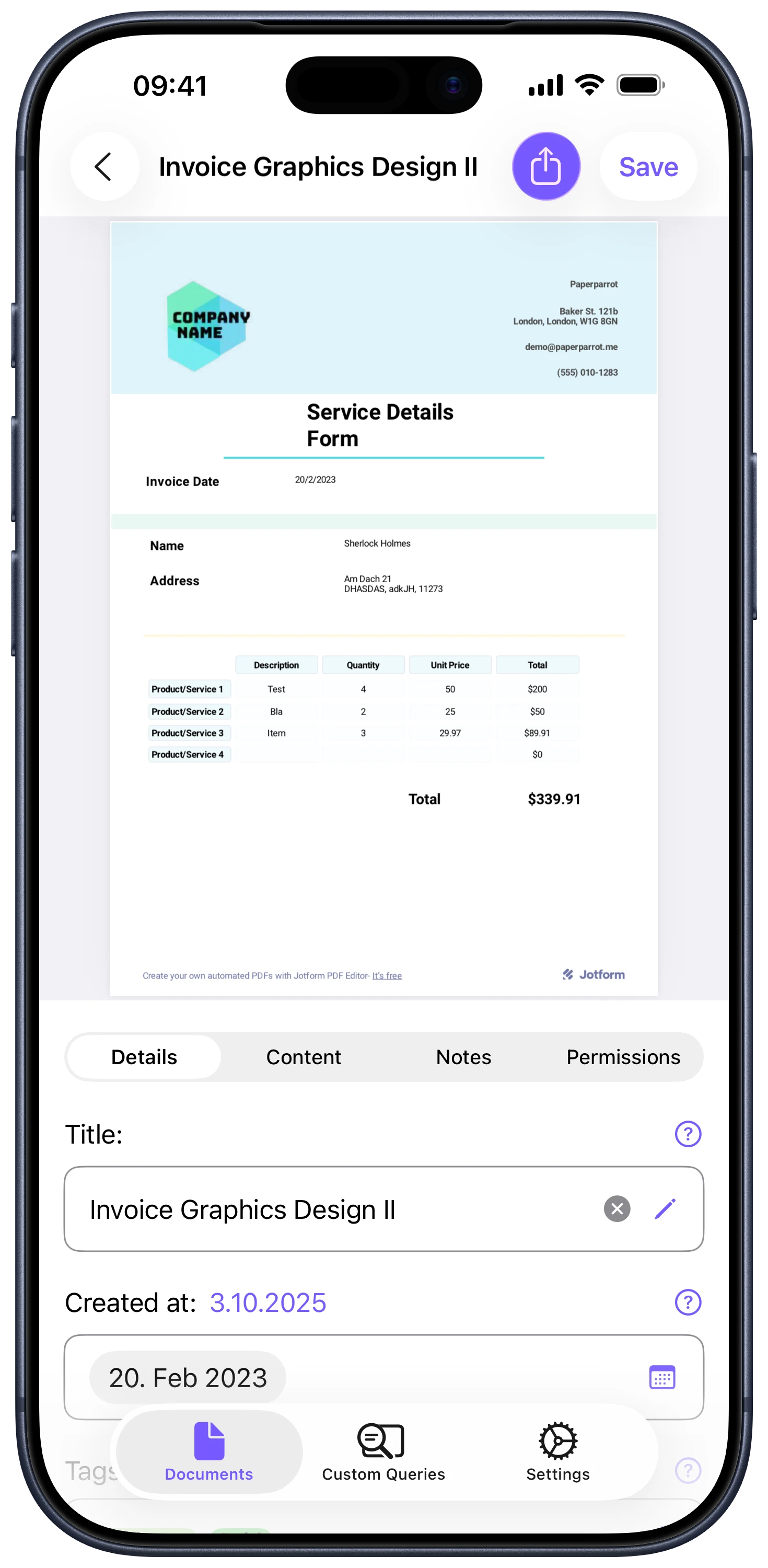 Screenshot showing an overview of a document in Paperparrot