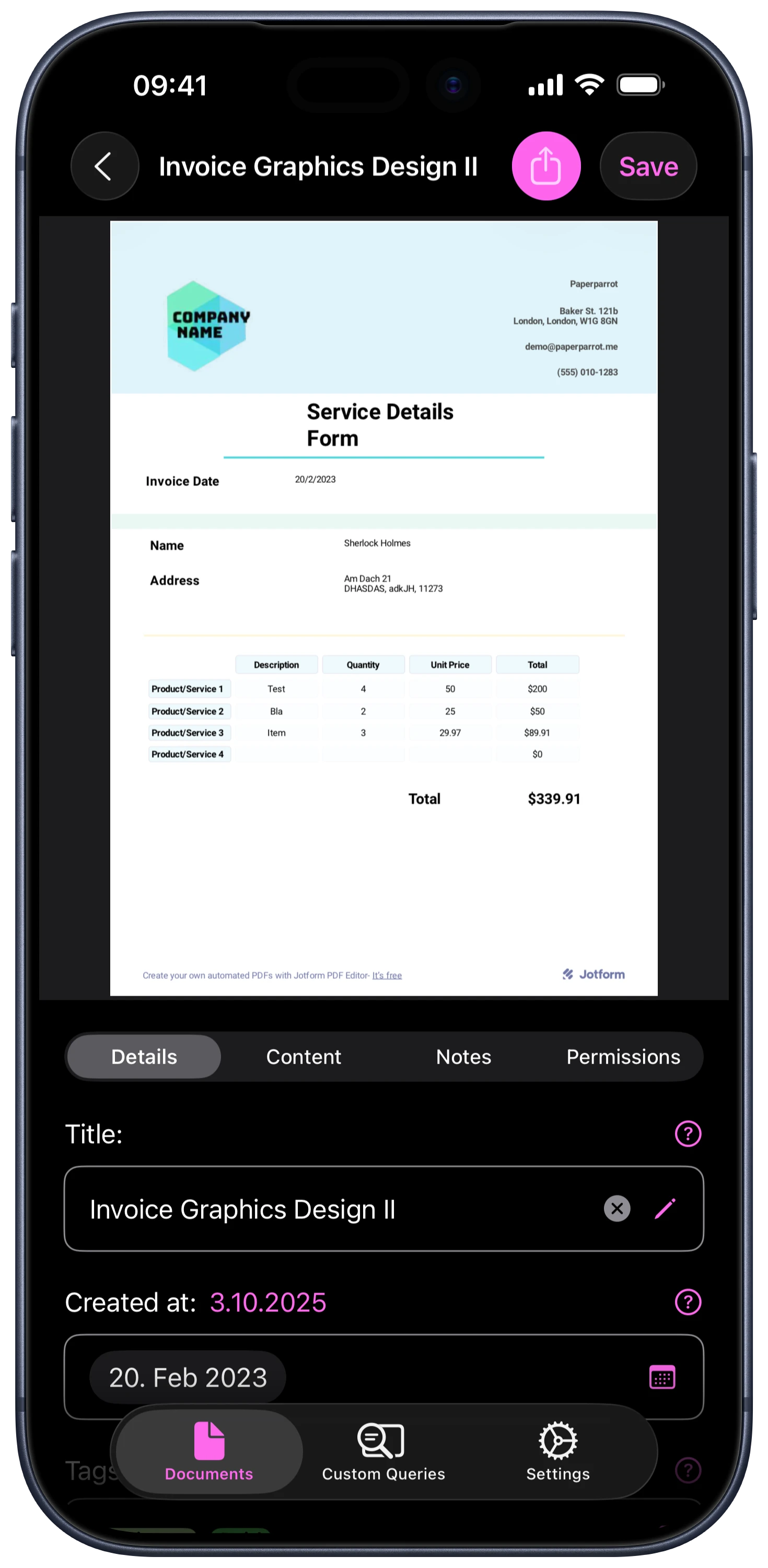 Screenshot showing an overview of a document in Paperparrot